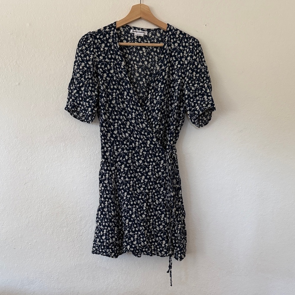 Reformation Midnight Blue and Cream Floral Wrap Mini Dress Sz XL